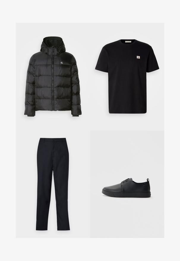 Melna pūka jaka ar kapuci, ar rāvējslēdzēju priekšā, šuvēm paneļos, elastīgām aprocēm un nelielu logo kreisajā krūtī.; Melna kokvilnas t-krekls ar īsām piedurknēm, aploksnes kakla izgriezums un neliels izšuvums kreisajā krūtī. Gluda tekstūra, regulāras piegriezums.; Tumši zili, gluda auduma bikses ar taisnu kāju dizainu, ar vienu pogu un smalkiem priekšējiem krokām.; Melnas ādas kedas ar gludu apdari, noapaļota purngala, tonāla šuvēm, auklu fronti un plakanu gumijas zoli. Cilpa pie papēža.