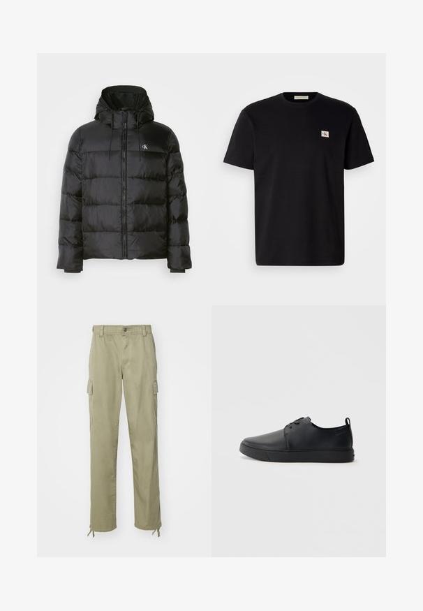 Zwarte pufferjack met een capuchon, voorzien van een ritssluiting aan de voorkant, gestikte panelen, elastische manchetten en een klein logo op de linkerborst.; Zwart katoenen T-shirt met korte mouwen, ronde hals en een klein geborduurd logo op de linker borst. Soepele textuur, normale pasvorm.; Khaki cargobroek gemaakt van katoen, met een elastische tailleband, twee zijzakken en koordjes bij de enkels.; Zwarte leren sneaker met een gladde afwerking, ronde neus, tonale stiknaden, vetersluiting aan de voorkant en een vlakke rubberen zool. Lussje aan de hak.