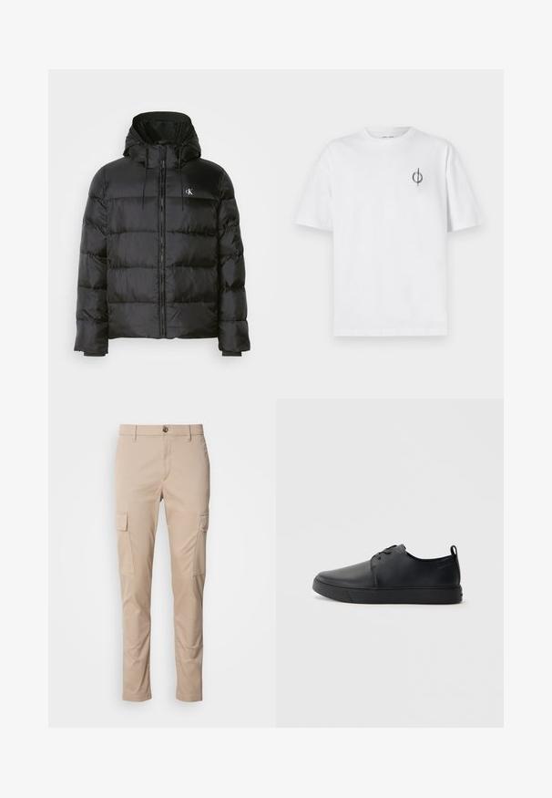 Juodas pūkinis švarkas su kapišonu, su užtrauktuku priekyje, siuvinėtomis panelėmis, elastingomis rankovėmis ir mažu logotipu kairėje krūtinės pusėje.; Balta medvilninė marškinė su laisvu siluetu, su mažą juodą grafiką logotipą kairėje krūtinės pusėje. Trumpomis rankovėmis, apvaliu kaklu.; Šviesiai rudos kargo kelnės su dviem šoninėmis kišenėmis, siauras siluetas, pagamintos iš lengvos medžiagos, su priekiniais mygtukais ir diržo kilputėmis.; Juodos odinės sportinės bateliai su lygiu paviršium, suapvalinta nosimi, toniniais siūlais, raištelių užsegimu priekyje ir plokščiu guminiu padu. Kilpelė ant kulno.