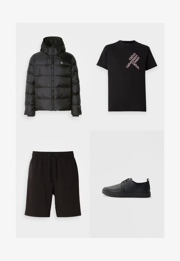 Črna puffer jakna s kapuco, z zadrgo na sprednji strani, šivanimi paneli, elastičnimi manšetami in majhnim logotipom na levi prsni strani.; Črna bombažna majica s kratkimi rokavi, ki ima diagonalno roza logotip "calvin klein" natisnjen na sprednji strani. Ima okroglo izrez.; Črne bombažne kratke hlače z elastičnim pasom, podrobnostmi z vrvico, stranskimi žepi in sproščenim krojem. Gladka tekstura in dolžina do kolen.; Črne usnjene športne čevlje z gladko površino, okroglo oblikovano nosilo, toniranim šivanjem, vezanjem spredaj in ravnim gumijastim podplatom. Zanko na peti.