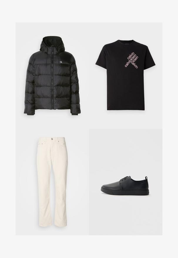 Casaco puffer preto com capuz, apresentando fecho éclair na frente, painéis cosidos, punhos elásticos e um pequeno logotipo no lado esquerdo do peito.; T-shirt preto em algodão com impressão diagonal do logotipo "calvin klein" em rosa na parte frontal. Mangas curtas e decote redondo.; Jeans de algodão bege com um design clássico de perna reta, apresentando um fecho frontal com botão, cinco bolsos e detalhes de costura subtil.; Sapatilha de couro preta com um acabamento liso, bico arredondado, costura ton sur ton, frente com atacadores e sola plana de borracha. Alça no calcanhar.