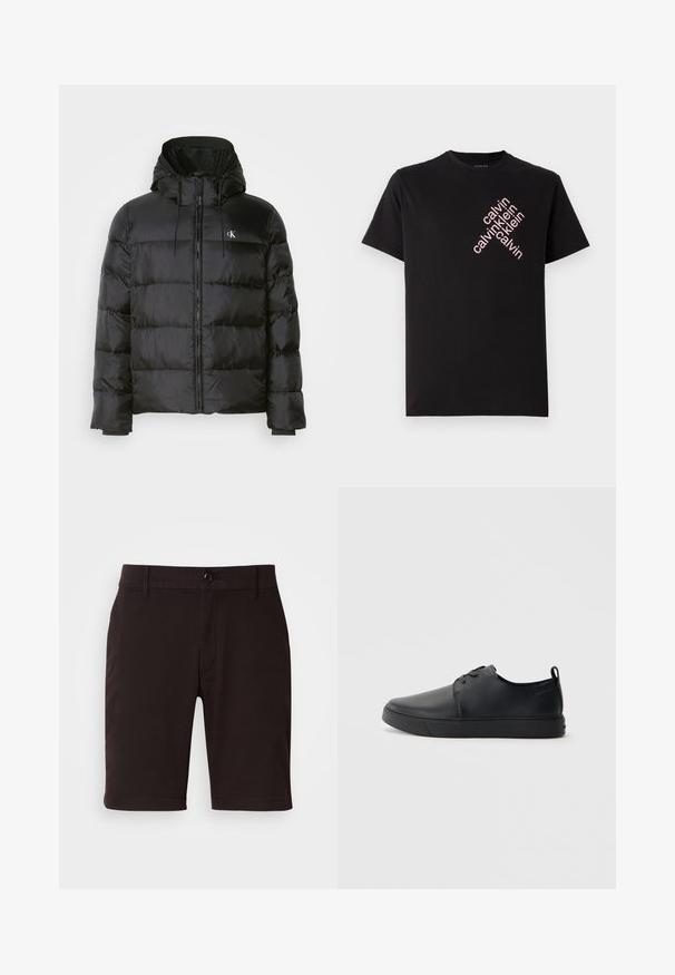 Black puffer jacket with a hood, featuring a zip front, stitched panels, elastic cuffs, and a small logo on the left chest.; Black cotton T-shirt featuring a diagonal pink "calvin klein" logo print on the front. Short sleeves and rounded neckline.; Black shorts made of smooth fabric, featuring a button closure, belt loops, and clean lines. Length reaches just above the knee.; Black leather sneaker with a smooth finish, rounded toe, tonal stitching, lace-up front, and a flat rubber sole. Loop at the heel.
