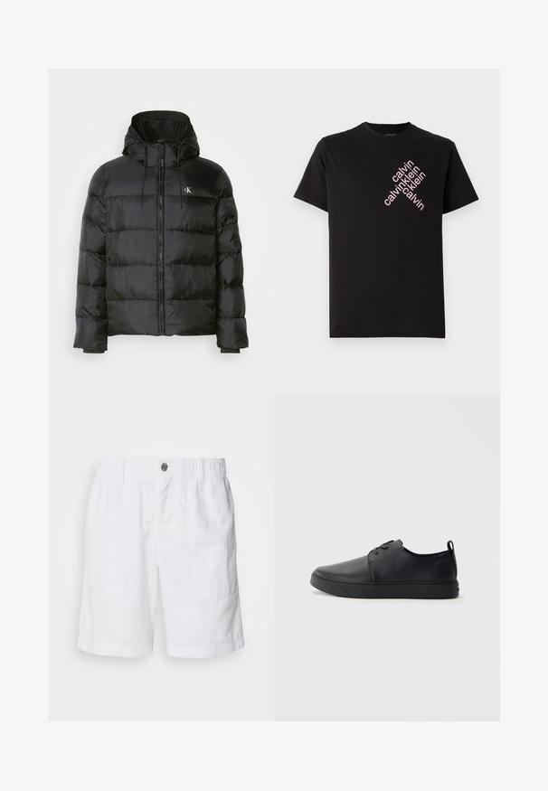 Crni dukserica s kapuljačom, s prednjim zatvaračem, šavanim panelima, elastičnim manžetama i malim logotipom na lijevoj strani prsiju.; Crna pamučna majica s dijagonalnim ružičastim otiskom "calvin klein" na prednjem dijelu. Kratki rukavi i okrugli izrez.; Bijele lanene kratke hlače s elastičnom pasicom i metalnim gumbom. Imaju dva bočna džepa i dizajn opuštenog kroja.; Crne kožne tenisice s glatkom površinom, zaobljenim vrhom, tonom prošivanja, vezanjem sprijeda i ravnim gumenim potplatom. Oko pete se nalazi učka.