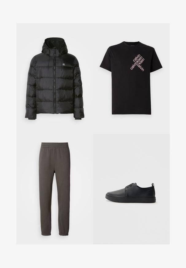 Černá péřovka s kapucí, s předním zipem, stehovanými panely, elastickými manžetami a malým logem na levé hrudi.; Černé bavlněné tričko s diagonálním růžovým potiskem loga "calvin klein" na přední straně. Krátké rukávy a zaoblený výstřih.; Tmavě šedé tepláky s elastickým pasem, zúženými nohavicemi a žebrovanými manžetami. Na stehně je malé logo. Vyrobeno z měkkého materiálu.; Černé kožené tenisky s hladkým povrchem, zaoblenou špičkou, tónovým prošíváním, šněrovacím uzávěrem a plochou gumovou podrážkou. Očko na patě.