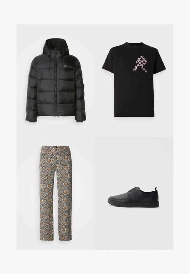 Casaco puffer preto com capuz, apresentando fecho éclair na frente, painéis cosidos, punhos elásticos e um pequeno logotipo no lado esquerdo do peito.; T-shirt preto em algodão com impressão diagonal do logotipo "calvin klein" em rosa na parte frontal. Mangas curtas e decote redondo.; Calças com padrão floral em bege, preto e laranja. Feitas de tecido leve, com corte reto e fecho de botão.; Sapatilha de couro preta com um acabamento liso, bico arredondado, costura ton sur ton, frente com atacadores e sola plana de borracha. Alça no calcanhar.