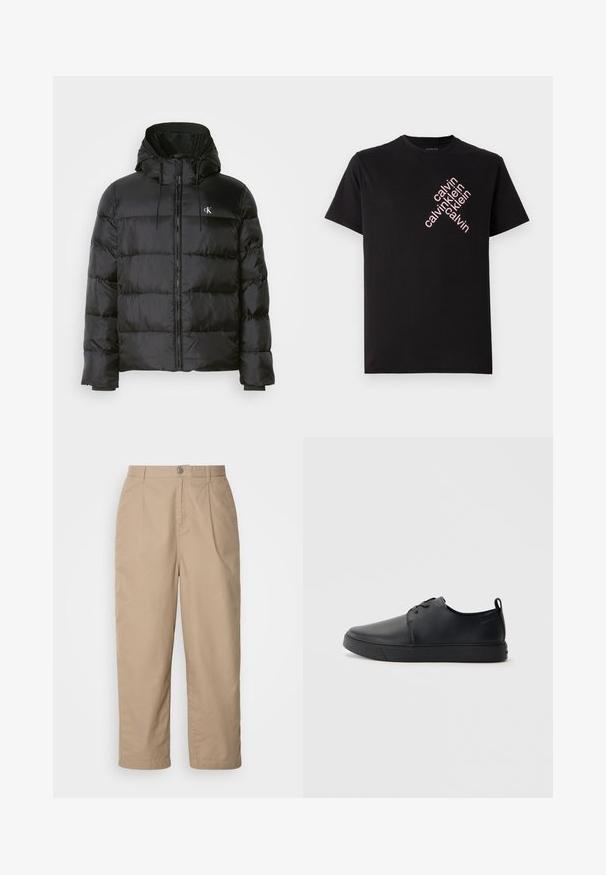 Black puffer jacket with a hood, featuring a zip front, stitched panels, elastic cuffs, and a small logo on the left chest.; Black cotton T-shirt featuring a diagonal pink "calvin klein" logo print on the front. Short sleeves and rounded neckline.; Beige, lightweight cotton pants with pleated front, button closure, and straight legs, featuring a smooth texture and no visible patterns.; Black leather sneaker with a smooth finish, rounded toe, tonal stitching, lace-up front, and a flat rubber sole. Loop at the heel.