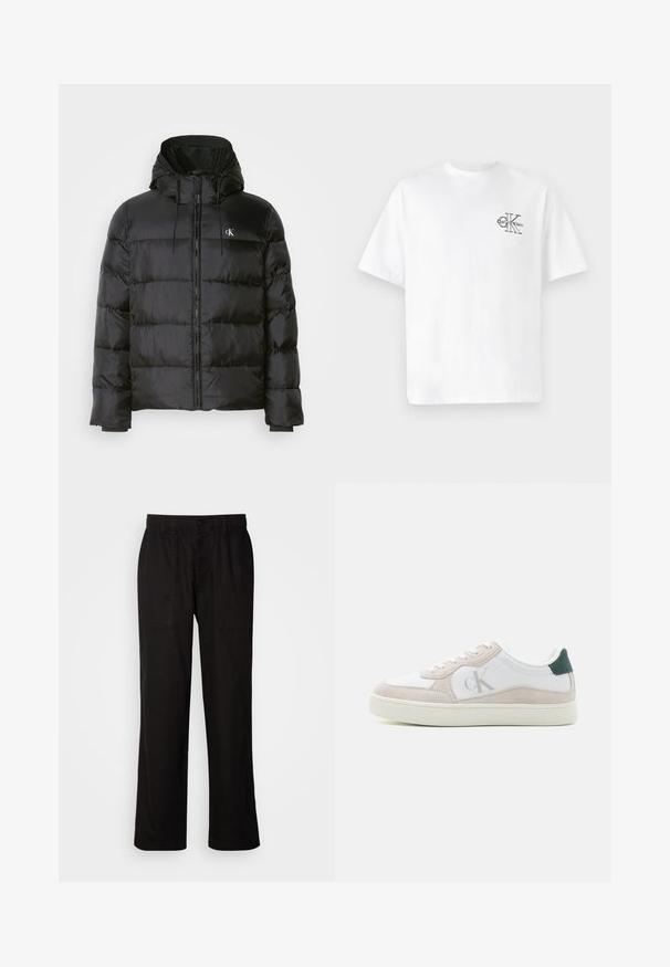 Black puffer jacket with a hood, featuring a zip front, stitched panels, elastic cuffs, and a small logo on the left chest.; White cotton t-shirt with short sleeves, crew neck, featuring a black CK logo on the left chest area, standard fit, smooth texture.; Black pants with a relaxed fit, made from lightweight fabric. Features an elastic waistband, button closure, and two front pockets.; Calvin Klein Jeans CLASSIC CUPSOLE ICONIC - Trainers - bright white/green palm
