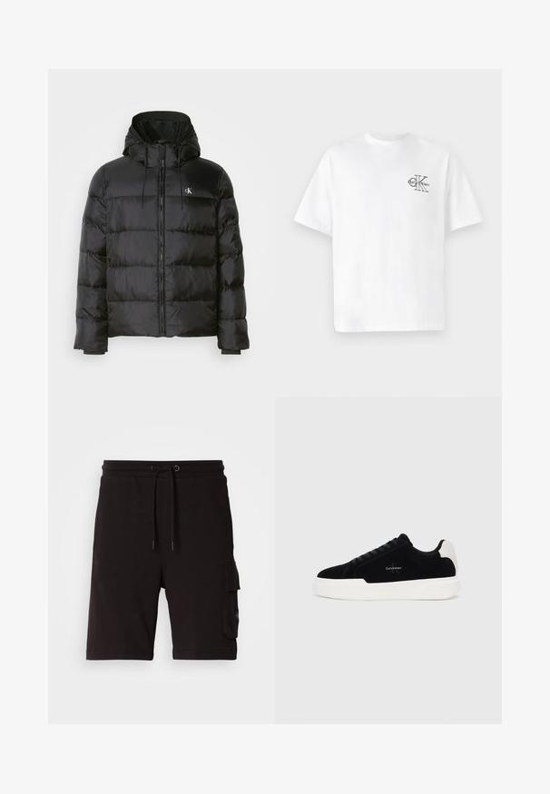 Μαύρο μπουφάν με κουκούλα, διαθέτοντας φερμουάρ μπροστά, ραμμένες πάνελ, ελαστικές μανσέτες και ένα μικρό λογότυπο στο αριστερό στήθος.; Λευκό βαμβακερό μπλουζάκι με κοντά μανίκια, στρογγυλή λαιμόκοψη, με μαύρο λογότυπο CK στην αριστερή πλευρά του στήθους, κανονική εφαρμογή, απαλό υλικό.; Μαύρο βαμβακερό cargo σορτσάκι με ρυθμιζόμενη ζώνη με κορδόνι, πλαϊνές τσέπες και χαλαρή γραμμή.; Μαύρα χαμηλά αθλητικά παπούτσια με λευκή σόλα και τακούνι, με κορδόνια μπροστά και λογότυπο Calvin Klein στο πλάι.