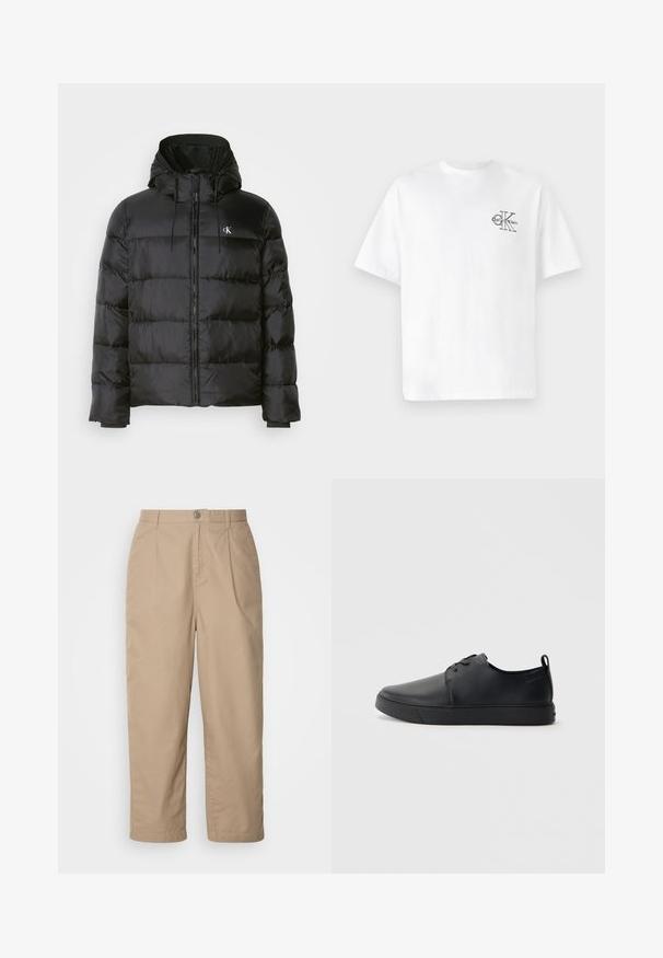 Fekete puffdzseki kapucnival, elülső cipzárral, varrott panelekből, rugalmas mandzsettákkal és egy kis logóval a bal mellen.; Fehér pamut póló rövid ujjakkal, kerek nyakkal, a bal mellkas részen fekete CK logóval, normál szabású, sima tapintású.; Beige, könnyű pamut nadrág, plissézett elülső résszel, gombos záródással és egyenes lábakkal, amely sima textúrával és látható minták nélkül rendelkezik.; Fekete bőr sportcipő sima felülettel, lekerekített orral, azonos színű varrással, fűzős elülső résszel és lapos gumitalppal. Hurok a sarkán.