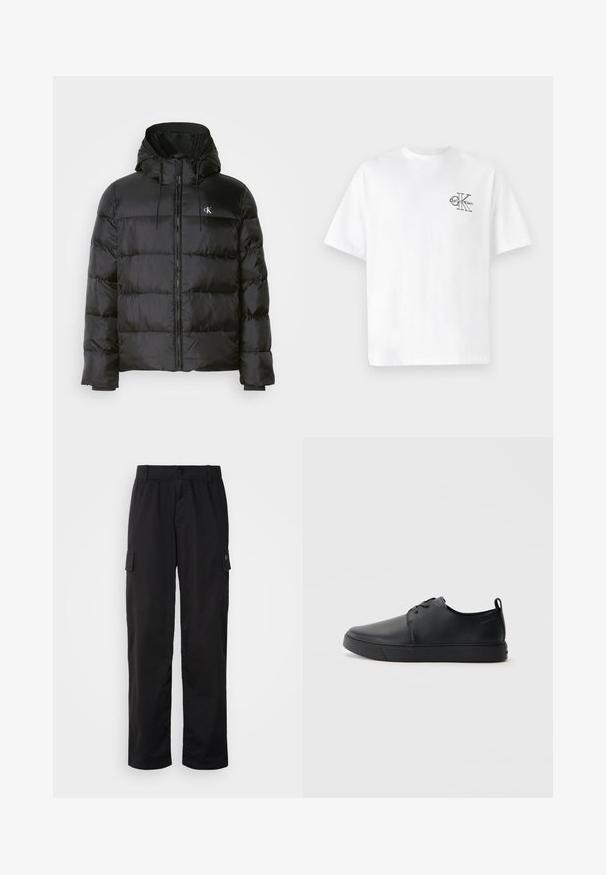 Crni dukserica s kapuljačom, s prednjim zatvaračem, šavanim panelima, elastičnim manžetama i malim logotipom na lijevoj strani prsiju.; Bjela pamučna majica kratkih rukava, okruglog izreza, s crnim CK logom na lijevoj strani prsnog dijela, standardnog kroja, glatke teksture.; Crne cargo hlače s elastičnim pojasom, dva bočna džepa i mekim, laganim materijalom. Imaju ravne hlačice i minimalistički dizajn.; Crne kožne tenisice s glatkom površinom, zaobljenim vrhom, tonom prošivanja, vezanjem sprijeda i ravnim gumenim potplatom. Oko pete se nalazi učka.