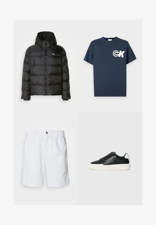 Fekete puffdzseki kapucnival, elülső cipzárral, varrott panelekből, rugalmas mandzsettákkal és egy kis logóval a bal mellen.; Tengerészkék rövidujjú, kerek nyakú póló fehér CK logóval és "Calvin Klein" felirattal a bal mellrészen.; Fehér vászon sort elasztikus derékpánttal és fém gombbal. Két oldalsó zseb található rajta, és laza, kényelmes fazonú.; Fekete bőr sneakers fehér gumitalppal. Kerek orrú, fűzős dizájn, és logó részlet az oldalon. Hátsó díszítés fehér színben.