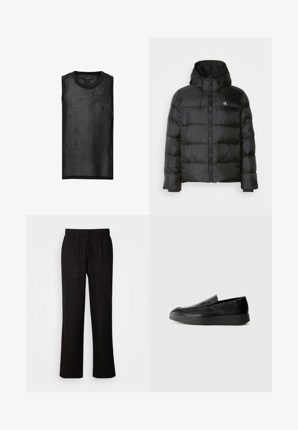 Black puffer jacket with a hood, featuring a zip front, stitched panels, elastic cuffs, and a small logo on the left chest.; Black sleeveless mesh tank top featuring a grid pattern, round neckline, and raw edges. Lightweight and breathable fabric with a relaxed fit.; Black pants with a relaxed fit, made from lightweight fabric. Features an elastic waistband, button closure, and two front pockets.; Calvin Klein HYBRID CUP - Slip-ons - triple black