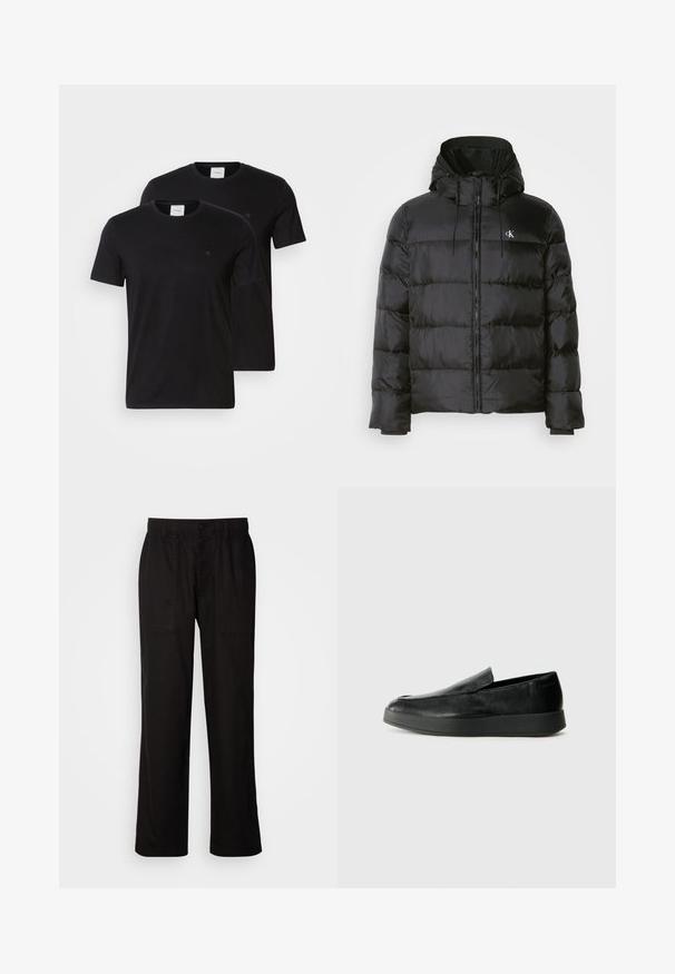 Black puffer jacket with a hood, featuring a zip front, stitched panels, elastic cuffs, and a small logo on the left chest.; Black cotton t-shirts with crew necks and short sleeves. Features small logo on the chest. Supplied as a pack of two.; Black pants with a relaxed fit, made from lightweight fabric. Features an elastic waistband, button closure, and two front pockets.; Calvin Klein HYBRID CUP - Slip-ons - triple black