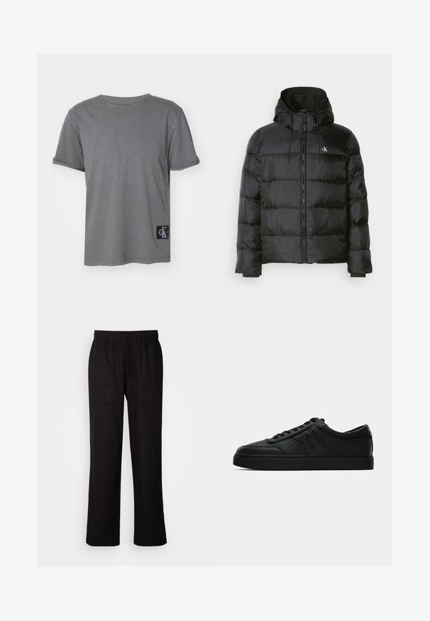 Czarna kurtka puchowa z kapturem, z zapięciem na zamek, przeszytymi panelami, elastycznymi mankietami oraz małym logo na lewej piersi.; Calvin Klein Jeans - T-shirt basic; Czarne spodnie o luźnym kroju, wykonane z lekkiego materiału. Posiadają elastyczny pasek w talii, zapięcie na guzik oraz dwie przednie kieszenie.; Czarne skórzane sneakersy o niskim profilu, okrągłym nosku, płaskiej czarnej podeszwie i tonowym przeszyciu. Charakteryzują się gładką strukturą i minimalnymi akcentami z logo.