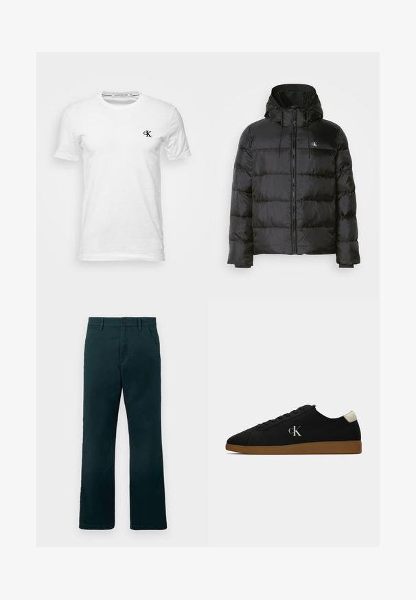 Black puffer jacket with a hood, featuring a zip front, stitched panels, elastic cuffs, and a small logo on the left chest.; White cotton t-shirt featuring a round neck and short sleeves, with a small black "ck" logo on the left chest area.; Dark green straight-leg trousers with belt loops, side pockets, and a button closure on a plain white background.; Black canvas sneaker with a gum rubber sole, featuring a silver "cK" logo on the side and a white accent at the heel. Low-top design.
