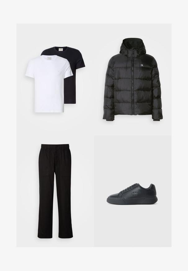 Czarna kurtka puchowa z kapturem, z zapięciem na zamek, przeszytymi panelami, elastycznymi mankietami oraz małym logo na lewej piersi.; Dwie koszulki z okrągłym dekoltem, jedna biała, druga czarna, wykonane z miękkiej bawełny. Obie mają prosty design i małe logo na klatce piersiowej.; Czarne spodnie o luźnym kroju, wykonane z lekkiego materiału. Posiadają elastyczny pasek w talii, zapięcie na guzik oraz dwie przednie kieszenie.; Czarne skórzane sneakersy mają okrągły czubek, płaską podeszwę i wiązanie. Zauważalne detale to subtelne logo po boku.