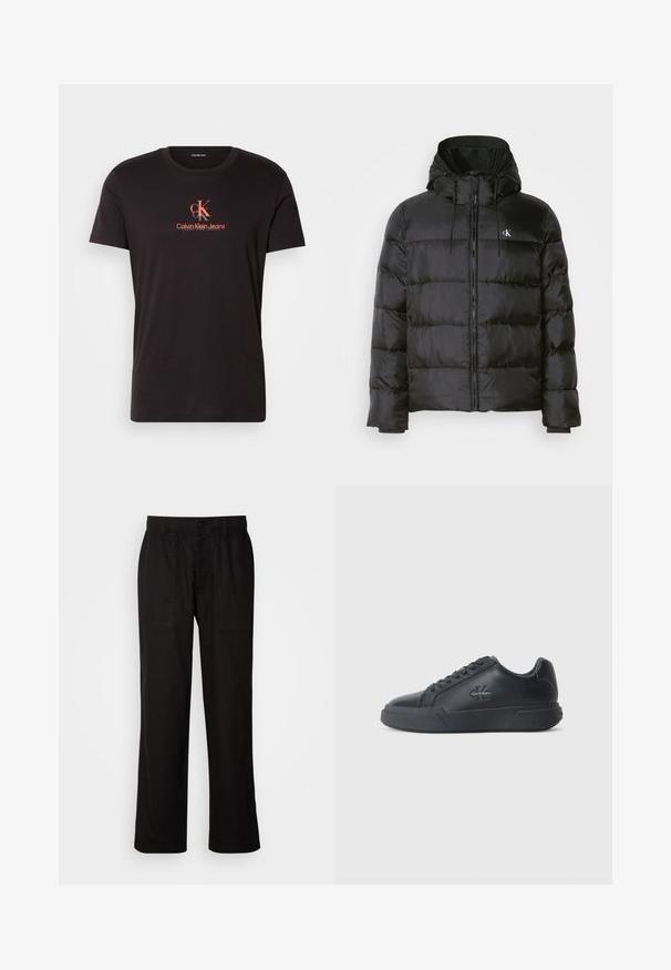 Melna pūka jaka ar kapuci, ar rāvējslēdzēju priekšā, šuvēm paneļos, elastīgām aprocēm un nelielu logo kreisajā krūtī.; Melnas kokvilnas T-krekls ar apaļu kaklu, īsām piedurknēm un centrālu grafiku, kurā oranžā krāsā ir uzraksts "Calvin Klein Jeans" ar CK logo.; Melnas bikses ar brīvu piegriezumu, izgatavotas no viegla auduma. Tām ir elastīga jostasvieta, pogu aizdare un divas priekšējās kabatas.; Melni ādas sporta apavi ir ar noapaļotu purngalu, plakanu zoli un šņorējamu dizainu. Ievērības cienīgi ir smalks logo uz sānu.