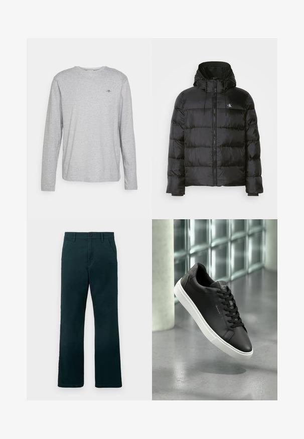 Crni dukserica s kapuljačom, s prednjim zatvaračem, šavanim panelima, elastičnim manžetama i malim logotipom na lijevoj strani prsiju.; Dugih rukava sivi pamučni majica s okruglim izrezom i malim izvezenim logom na prsima. Mekana tekstura i opušten fit.; Tamnozelene ravne hlače s petljama za pojas, bočnim džepovima i kopčanjem na dugme na ravnoj bijeloj pozadini.; Crne kožne tenisice s bijelim gumena potplatom, okruglim prstima i vezanjem. Imaju glatku teksturu i suptilni brend na jeziku.