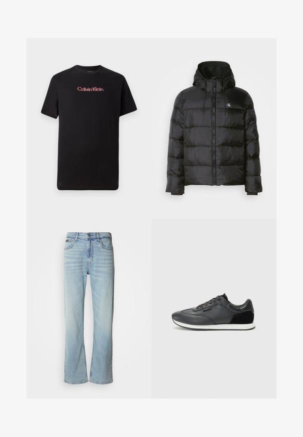 Svart pufferjakke med hette, med glidelås foran, sømdelte paneler, elastiske mansjetter og en liten logo på venstre bryst.; Sort t-skjorte med korte ermer laget av bomull, med et sentralt Calvin Klein-logo i rødt og hvitt, rund hals og avslappet passform.; Lyseblå denim jeans med rett ben, med fem lommer, knappelukking og subtile falminger på stoffet.; Sorte atletiske joggesko med lærøvre og perforerte detaljer, semsket aksenter og en hvit gummisåle. Klassisk snøring.