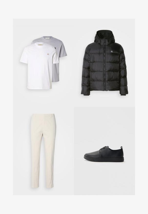 Mustat puffer-jakid, millel on kapuuts, ees on tõmblukk, õmblustel on paneelid, elastsed mansetid ja vasakul rinnal on väike logo.; Kaks lühikeste varrukatega t-särki: üks valge ja teine heledashall. Mõlemal on ümmargune kaelus, puuvillane materjal ja väike logo ees.; Kreemjas toonis kohandatud püksid tekstuuriga kangast. Omab sirge lõike disaini, vöökonste ja kahte eesmist taskut. Mustriteta.; Mustaläik nahast spordijalatsid siledaga viimistlusega, ümarate varvastega, sama tooni õmblustega, nööbid ees, ja lamedate kummist tallaga. Kannas aas.
