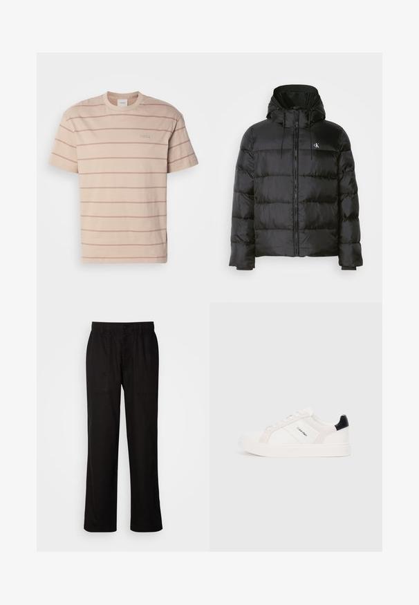 Black puffer jacket with a hood, featuring a zip front, stitched panels, elastic cuffs, and a small logo on the left chest.; Short-sleeve, crew-neck beige t-shirt with light pink horizontal stripes and a small label on the front. Made from soft cotton fabric.; Black pants with a relaxed fit, made from lightweight fabric. Features an elastic waistband, button closure, and two front pockets.; White sneakers with light pink and black accents, featuring smooth leather and suede panels, round toe, and flat rubber sole.