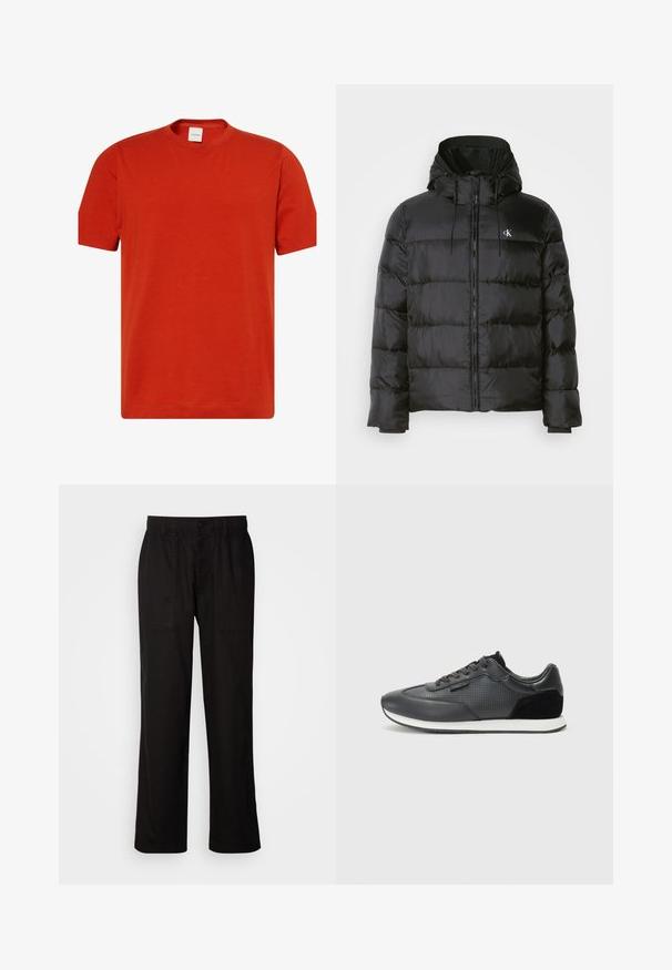 Chaqueta de plumas negra con capucha, que presenta un cierre frontal con cremallera, paneles cosidos, puños elásticos y un pequeño logo en el lado izquierdo del pecho.; Camiseta de algodón roja con mangas cortas, cuello redondo y logotipo de Calvin Klein en una impresión sutil en el lado izquierdo. Textura suave, diseño casual.; Pantalones negros con un ajuste relajado, hechos de una tela ligera. Presentan una cintura elástica, cierre de botón y dos bolsillos frontales.; Zapatillas deportivas negras con parte superior de piel, detalles perforados, acentos de ante y suela de caucho blanca. Diseño clásico con cordones.