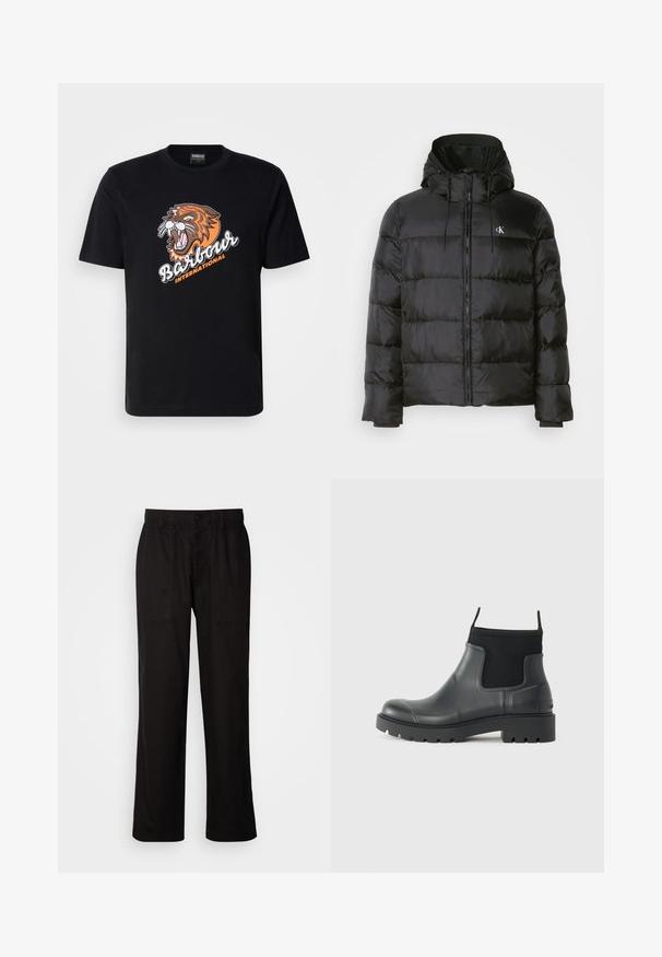 Mustat puffer-jakid, millel on kapuuts, ees on tõmblukk, õmblustel on paneelid, elastsed mansetid ja vasakul rinnal on väike logo.; Must t-särk mustast puuvillast, millel on oranž ja pruun tiigri graafika ning tekst "Barbour INTERNATIONAL" valge ja oranžiga.; Mustad lõdva istuvusega mustad püksid, mis on valmistatud kergest kangast. Omavad elastset vöökohta, nööbiga sulgemist ja kahte esist taskut.; Mustad mustadest kummist ankle'ide saapad, millel on matt viimistlus, sujuv disain, elastsed paneelid ja paks tald, mis tagab haarduvuse.