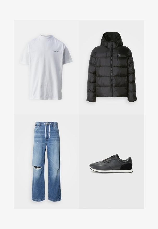 Černá péřovka s kapucí, s předním zipem, stehovanými panely, elastickými manžetami a malým logem na levé hrudi.; Bílá bavlněná tričko s vysokým výstřihem a krátkým rukávem. Na přední straně je logo "SAMSØE SAMSØE" v černé barvě. Hladká textura.; Světle modré džíny s volným střihem, vybavené bílým stahovacím pasem a výraznými roztrženinami na přední straně, které odhalují třepené okraje.; Černé sportovní tenisky s koženým svrškem, perforovanými detaily, semišovými akcenty a bílou gumovou podrážkou. Klasický design na šněrování.