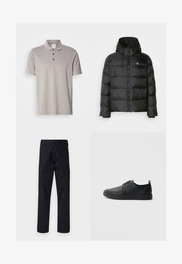 Melna pūka jaka ar kapuci, ar rāvējslēdzēju priekšā, šuvēm paneļos, elastīgām aprocēm un nelielu logo kreisajā krūtī.; Pelēka īsā piedurkne polo krekls, izgatavots no gludas auduma, ar klasisku apkakli un trim melnām pogām. Visā kreklā ir smalks vertikāls rievots raksts.; Melni kravas bikses, kas izgatavotas no izturīga auduma, ar taisnu kāju griezumu, divām sānu kabatām un pogu aizdari jostas vietā.; Melnas ādas kedas ar gludu apdari, noapaļota purngala, tonāla šuvēm, auklu fronti un plakanu gumijas zoli. Cilpa pie papēža.