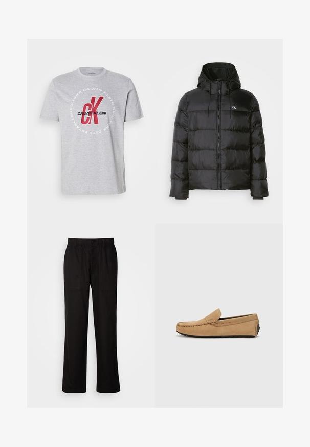 Svart pufferjakke med hette, med glidelås foran, sømdelte paneler, elastiske mansjetter og en liten logo på venstre bryst.; Grå bomull T-skjorte med rund hals, korte ermer, og et sentralt grafisk trykk med "Calvin Klein" og "CK" i rødt og svart.; Svart bukser med avslappet passform, laget av lett stoff. Har elastisk midjebånd, knapplukking og to frontlommer.; Beige semsket moccasins med sydd tå, slip-on design og svart gummisåle. Har subtil merking på siden.