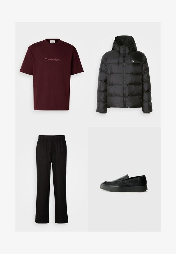 Mustat puffer-jakid, millel on kapuuts, ees on tõmblukk, õmblustel on paneelid, elastsed mansetid ja vasakul rinnal on väike logo.; Burgundi puuvillane t-särk ümmarguse kaeluse, lühikeste varrukate ja keskel helesinise Calvin Kleini logoga. Sile tekstuur.; Mustad lõdva istuvusega mustad püksid, mis on valmistatud kergest kangast. Omavad elastset vöökohta, nööbiga sulgemist ja kahte esist taskut.; Calvin Klein HYBRID CUP - Jalga libistatavad jalanõud - triple black