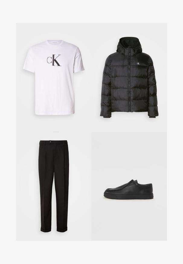 Black puffer jacket with a hood, featuring a zip front, stitched panels, elastic cuffs, and a small logo on the left chest.; White cotton t-shirt featuring a prominent black 'cK' logo in a bold font on the front. Short sleeves with a classic crew neckline.; Black trousers with a smooth texture, featuring a straight cut, two front pockets, and a single button closure at the waist.; Black leather slip-on shoe with a rounded toe, stitched detailing, and black rubber sole. Smooth texture with minimalistic design.