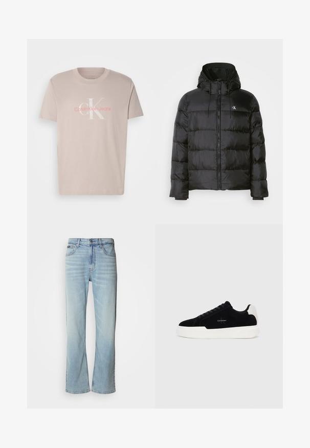 Black puffer jacket with a hood, featuring a zip front, stitched panels, elastic cuffs, and a small logo on the left chest.; Beige cotton T-shirt with round neck, short sleeves, featuring a subtle white and pink "Calvin Klein Jeans" logo design on the front.; Light blue denim jeans with a straight-leg cut, featuring five pockets, a button closure, and subtle fading on the fabric.; Black low-top sneaker with white sole and heel tab, lace-up front, and Calvin Klein logo on side.