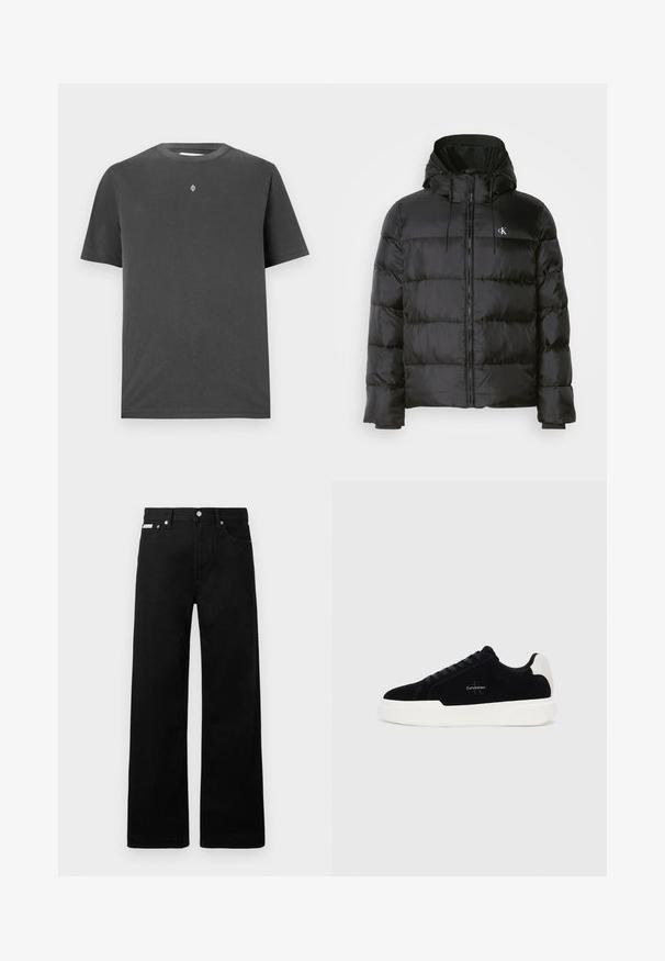 Schwarze Puffjacke mit Kapuze, mit einem Reißverschluss vorne, gesteppten Paneelen, elastischen Bündchen und einem kleinen Logo auf der linken Brust.; Dunkelgraues Baumwoll-T-Shirt mit rundem Halsausschnitt und kurzen Ärmeln; verfügt über ein kleines, zentriertes Logo in Weiß auf der Brust.; Schwarze Denim-Hose im weiten Bein-Design mit fünf Taschen und metallenen Knopfdetails. Glatte Textur, ohne sichtbare Muster.; Schwarze Low-Top-Sneaker mit weißer Sohle und Fersenkappe, Schnürung vorne und Calvin Klein-Logo an der Seite.