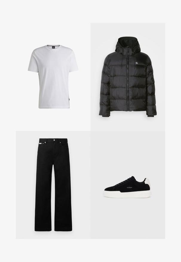 Casaco puffer preto com capuz, apresentando fecho éclair na frente, painéis cosidos, punhos elásticos e um pequeno logotipo no lado esquerdo do peito.; Camiseta branca de manga curta feita de algodão. Apresenta um decote redondo e uma etiqueta de marca discreta na lateral. Textura suave e design simples.; Calças de ganga pretas com um design de pernas largas, apresentando cinco bolsos e fechos metálicos. Textura suave, sem padrões visíveis.; Sapatilha preta de cano baixo com sola e aba do calcanhar brancas, com atacadores à frente e logotipo da Calvin Klein na lateral.