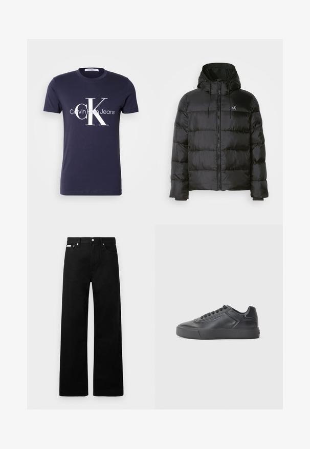Juodas pūkinis švarkas su kapišonu, su užtrauktuku priekyje, siuvinėtomis panelėmis, elastingomis rankovėmis ir mažu logotipu kairėje krūtinės pusėje.; Tamsiai mėlynas medvilninis marškinėliai su trumpomis rankovėmis, ant kurių yra didelis baltas "CK" logotipas ir užrašas "Calvin Klein Jeans". Lygus paviršius, klasikinis fasonas.; Juodos džinsinės kelnės su plačiu kojų dizainu, turinčios penkias kišenes ir metalinius sagčių akcentus. Lygus paviršius, be matomų raštų.; Juodas odinis sportinis batelis su suapvalintu pirštu, plokščiu guminio pado ir kontrastinga siuvinėdama. Su logotipu šone ir raištelių dizainu.