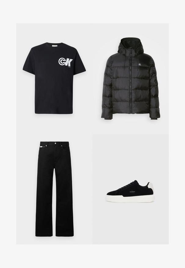 Casaco puffer preto com capuz, apresentando fecho éclair na frente, painéis cosidos, punhos elásticos e um pequeno logotipo no lado esquerdo do peito.; T-shirt de algodão preto com mangas curtas, apresentando um grande logótipo branco na área do peito esquerdo e um decote redondo.; Calças de ganga pretas com um design de pernas largas, apresentando cinco bolsos e fechos metálicos. Textura suave, sem padrões visíveis.; Sapatilha preta de cano baixo com sola e aba do calcanhar brancas, com atacadores à frente e logotipo da Calvin Klein na lateral.