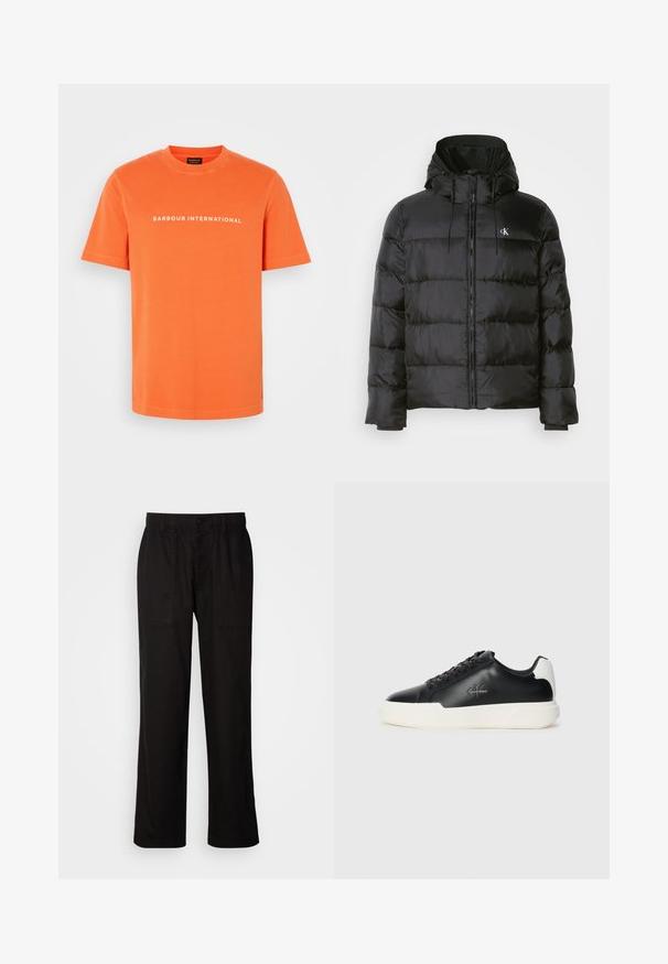 Fekete puffdzseki kapucnival, elülső cipzárral, varrott panelekből, rugalmas mandzsettákkal és egy kis logóval a bal mellen.; Narancssárga pamut póló kerek nyakkivágással és rövid ujjakkal. Az elején fehér felirat található, amely "BARBOUR INTERNATIONAL" szöveget olvasható.; Fekete, laza szabású nadrág, könnyű anyagból készült. Rugalmas derékkal, gombos záródással és két elülső zsebbel rendelkezik.; Fekete bőr sneakers fehér gumitalppal. Kerek orrú, fűzős dizájn, és logó részlet az oldalon. Hátsó díszítés fehér színben.