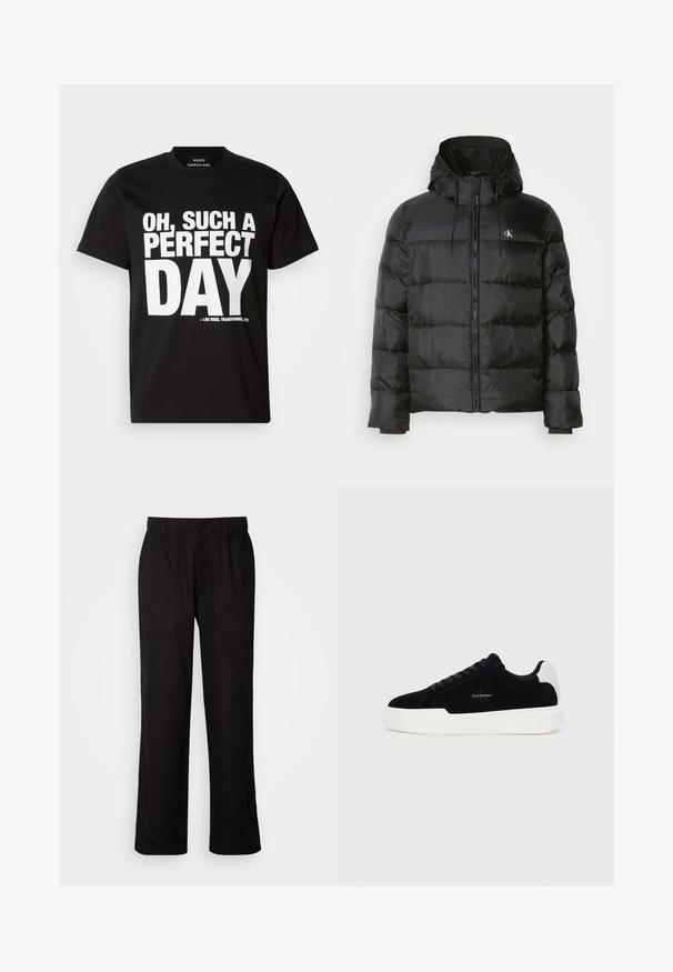 Zwarte pufferjack met een capuchon, voorzien van een ritssluiting aan de voorkant, gestikte panelen, elastische manchetten en een klein logo op de linkerborst.; Zwarte T-shirt met korte mouwen van katoen, versierd met vetgedrukte witte tekst: "OH, ZO'N PERFECTE DAG" met een verwijzing naar het album van Lou Reed.; Zwarte broek met een relaxte pasvorm, gemaakt van lichte stof. Voorzien van een elastische tailleband, knoopsluiting en twee zijzakken.; Zwarte lage sneaker met witte zool en hielstrip, vetersluiting aan de voorkant en Calvin Klein-logo op de zijkant.