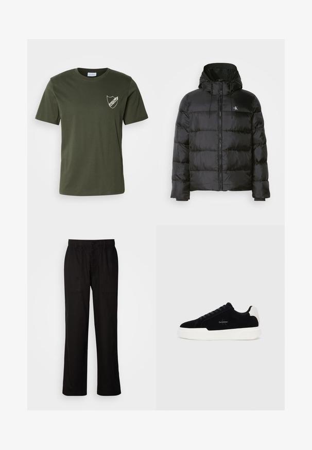 Mustat puffer-jakid, millel on kapuuts, ees on tõmblukk, õmblustel on paneelid, elastsed mansetid ja vasakul rinnal on väike logo.; Oliivroheline puuvillane T-särk, ümmarguse kaelusega, lühikeste varrukatega ja väikese tikitud kilbi logoga vasakul rinnal. Sile tekstuur.; Mustad lõdva istuvusega mustad püksid, mis on valmistatud kergest kangast. Omavad elastset vöökohta, nööbiga sulgemist ja kahte esist taskut.; Mustad mustad tossussneaker valge tallaga ja kontsaabiga, nööbid ees, ja Calvin Kleini logo küljel.