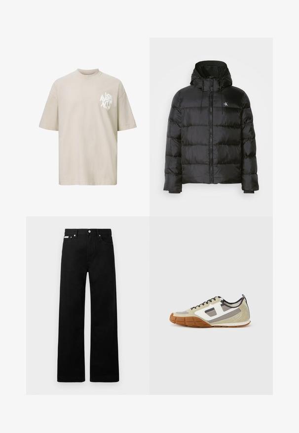 Črna puffer jakna s kapuco, z zadrgo na sprednji strani, šivanimi paneli, elastičnimi manšetami in majhnim logotipom na levi prsni strani.; Bež majica s kratkimi rokavi v velikem kroju z belim abstraktnim logotipom na levi strani prsnega dela.; Črne jeans hlače širokega kroja, z petimi žepi in kovinskimi gumbi. Gladka tekstura, brez vidnih vzorcev.; Atletski supergi z bež zgornjim delom z sivimi in belimi poudarki, teksturiranim semišem ter vzorčastim gumijastim podplatom. Vključeni rjavi vezalke in jeziček za enostavno obuvanje.