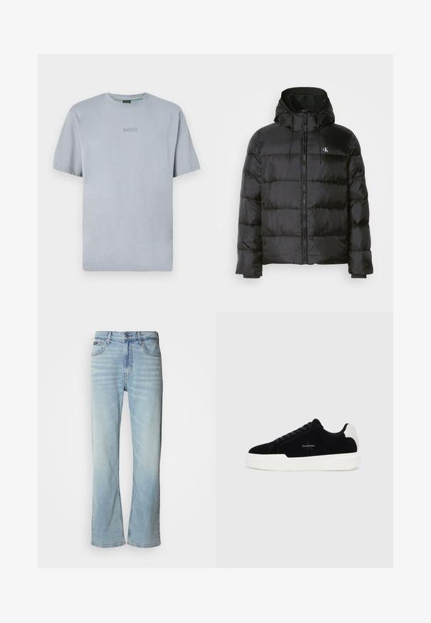 Mustat puffer-jakid, millel on kapuuts, ees on tõmblukk, õmblustel on paneelid, elastsed mansetid ja vasakul rinnal on väike logo.; Hele sinine lühikeste varrukatega T-särk pehmest kangast, millel on ümardatud kaelus. Rinnal on broderie "BOSS" logo.; Heledad sinised teksad sirge lõikega, mis sisaldavad viit taskut, nööbiga sulgemise ja kergelt kulunud ilmega kangast.; Mustad mustad tossussneaker valge tallaga ja kontsaabiga, nööbid ees, ja Calvin Kleini logo küljel.