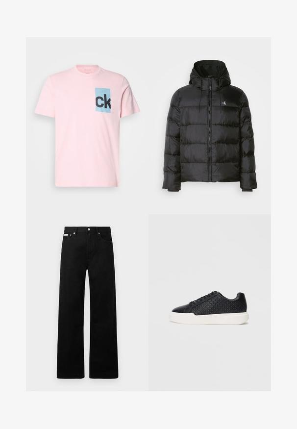 Casaco puffer preto com capuz, apresentando fecho éclair na frente, painéis cosidos, punhos elásticos e um pequeno logotipo no lado esquerdo do peito.; T-shirt de algodão rosa com um retângulo azul e letras 'ck' em preto. Mangas curtas e decote redondo. Textura suave.; Calças de ganga pretas com um design de pernas largas, apresentando cinco bolsos e fechos metálicos. Textura suave, sem padrões visíveis.; Sapatilha preta com textura geométrica na lateral, biqueira lisa e sola de borracha branca. Apresenta atacadores redondos e um design de cano baixo.