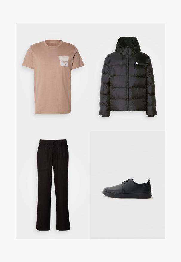 Black puffer jacket with a hood, featuring a zip front, stitched panels, elastic cuffs, and a small logo on the left chest.; Short-sleeve tan T-shirt in cotton with a white pocket featuring abstract shapes in soft colors, round neck, and standard fit.; Black pants with a relaxed fit, made from lightweight fabric. Features an elastic waistband, button closure, and two front pockets.; Black leather sneaker with a smooth finish, rounded toe, tonal stitching, lace-up front, and a flat rubber sole. Loop at the heel.