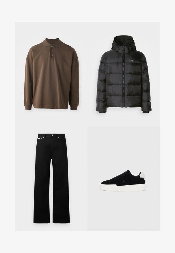 Čierna prešívaná bunda s kapucňou, so zipsom vpredu, prešitými panelmi, elastickými manžetami a malým logom na ľavej hrudi.; Hnedá polokošeľa s dlhým rukávom, golierom, troma gombíkmi a rebrovanými manžetami. Vyrobená z mäkkej bavlnenej látky s uvoľneným strihom.; Čierne džínsy s širokými nohavicami, obsahujúce päť vreciek a kovové zapínanie. Hladká textúra, bez viditeľných vzorov.; Čierne nízke tenisky s bielou podrážkou a pätkou, šnurovací predok a logo Calvin Klein na boku.