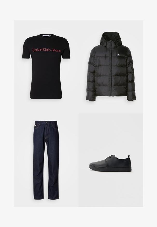 Svart pufferjakke med hette, med glidelås foran, sømdelte paneler, elastiske mansjetter og en liten logo på venstre bryst.; Svart kortermet T-skjorte laget av bomull med rund hals. Rødt "Calvin Klein Jeans"-logo over brystet, enkelt design, ingen tilleggsmønstre.; Mørkeblå denimjeans med rett ben-design, som har knappestolpe, fem lommer og kontrasterende sømdetaljer.; Svart lær sneakers med glatt overflate, rund tå, tonede sømmer, snøring foran og flat gummisåle. Løkke på hælen.