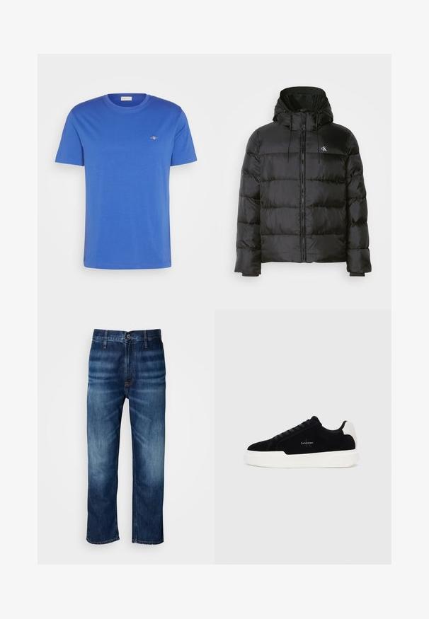 Černá péřovka s kapucí, s předním zipem, stehovanými panely, elastickými manžetami a malým logem na levé hrudi.; Modré tričko s krátkým rukávem vyrobené z bavlny. Má kulatý výstřih a malé logo vyšívané na hrudi. Hladká struktura.; Tmavě modré džíny rovného střihu s jemným vyblednutím na stehnech a zapínáním na knoflík v pase, vystavené na bílém pozadí.; Černé nízké tenisky s bílou podrážkou a patou, šněrování v přední části a logo Calvin Klein na boku.