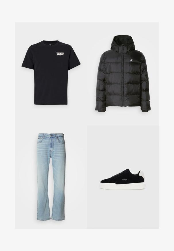 Geacă neagră din puf cu glugă, cu fermoar în față, panouri cusute, manșete elastice și un logo mic pe pieptul stâng.; Tricou negru din bumbac, cu mâneci scurte, guler rotund și un mic logo alb Levi's pe partea stângă a frontului.; Jeans din denim de culoare albastru deschis, cu un croi drept, având cinci buzunare, închidere cu nasture și estompare subtilă pe material.; Adidași negri cu talpă albă și tab cu toc alb, cu șireturi în față și logo-ul Calvin Klein pe lateral.