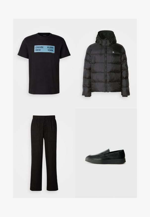 Svart pufferjakke med hette, med glidelås foran, sømdelte paneler, elastiske mansjetter og en liten logo på venstre bryst.; Svart bomull T-skjorte med fet blå og svart tekst: "CALVIN NEW KLEIN YORK" på forsiden. Klassisk rund hals design, korte ermer.; Svart bukser med avslappet passform, laget av lett stoff. Har elastisk midjebånd, knapplukking og to frontlommer.; Calvin Klein HYBRID CUP - Slippers - triple black