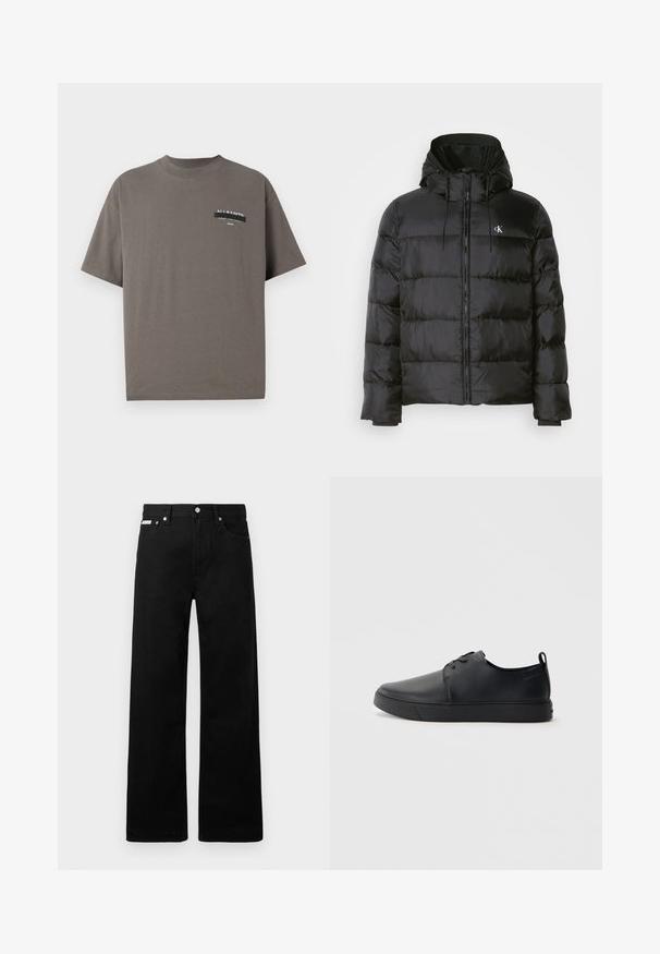 Čierna prešívaná bunda s kapucňou, so zipsom vpredu, prešitými panelmi, elastickými manžetami a malým logom na ľavej hrudi.; Sivá bavlnená tričko s okrúhlym výstrihom, krátkymi rukávmi a potlačou na vrecku s logom "ALL SAINTS" a ďalším textom.; Čierne džínsy s širokými nohavicami, obsahujúce päť vreciek a kovové zapínanie. Hladká textúra, bez viditeľných vzorov.; Čierne kožené tenisky s hladkým povrchom, zaoblenou špičkou, tonálnym šitím, šnurovaním vpredu a plochou gumovou podrážkou. Obojok na päte.